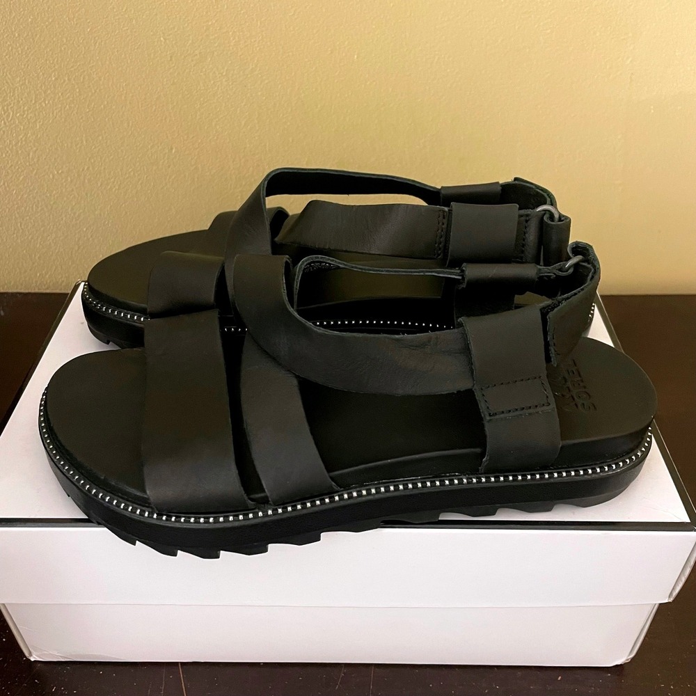 Sorel Roaming Multi Strap Black Leather Platform Sandals NL3596-010 Womens 7.5